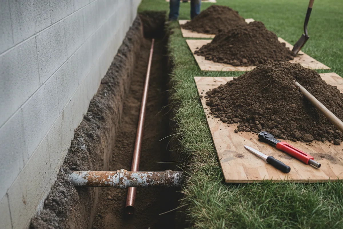 Excavated water line trench during Water Softener Installation in Branford